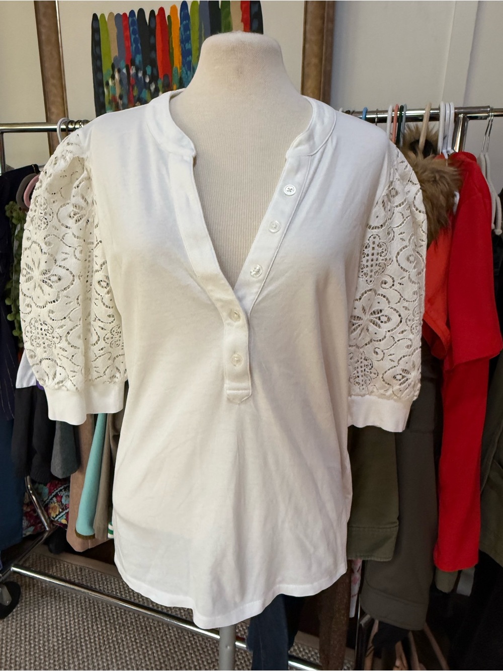 Veronica Beard Coralee White Lace Puff Sleeve Henley
